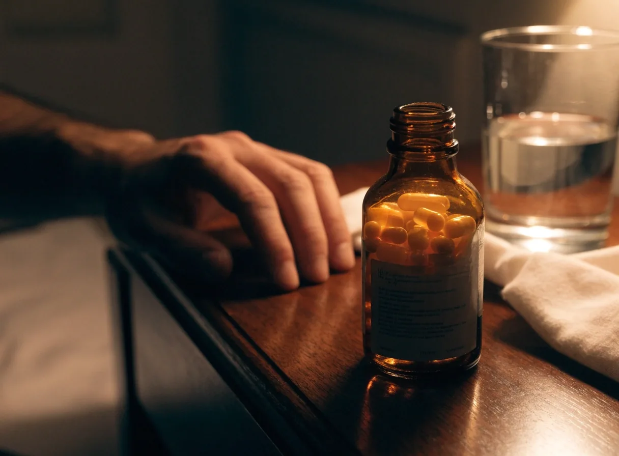A single amber capsule in focus on a dark table at night with blank paper behind it and light spilling in from one side