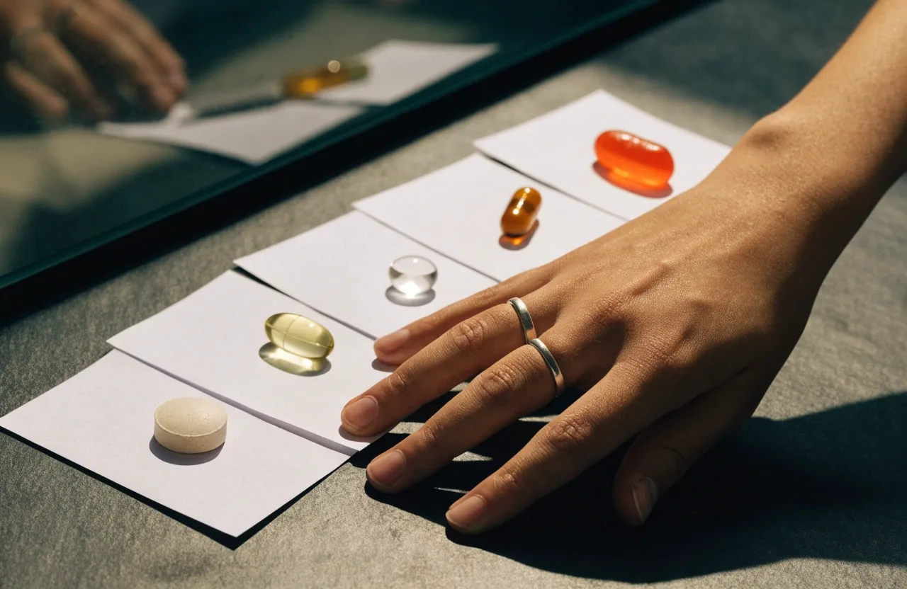 Six blank paper squares on a green surface, each holding a different supplement format such as a tablet, softgel, capsule, gummy and powder