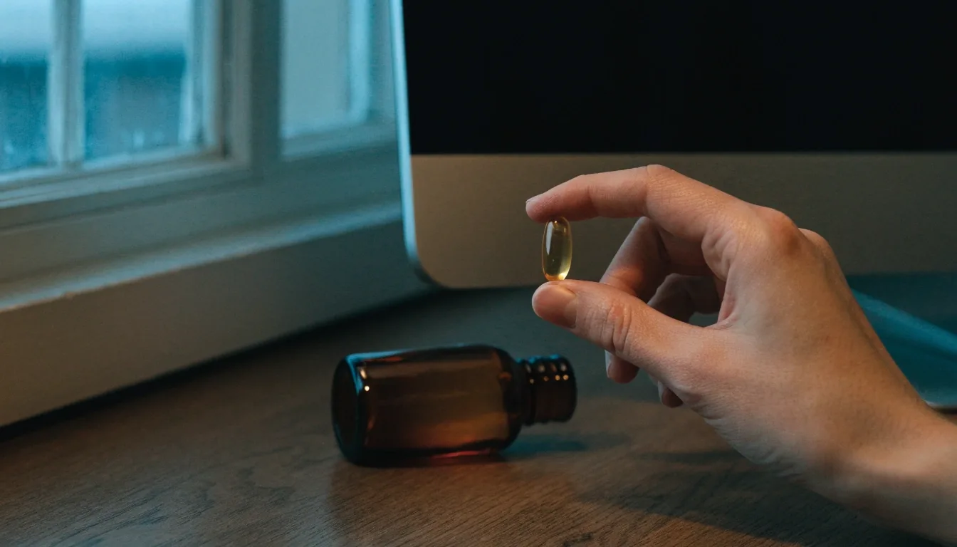 A single supplement capsule on a dark desk at midnight, lit by a cool screen spill from the left edge
