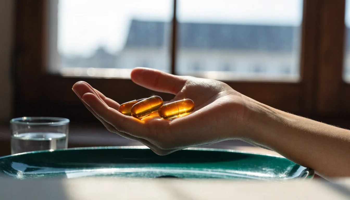 A daily multivitamin capsule resting on uncoated paper against a deep emerald surface