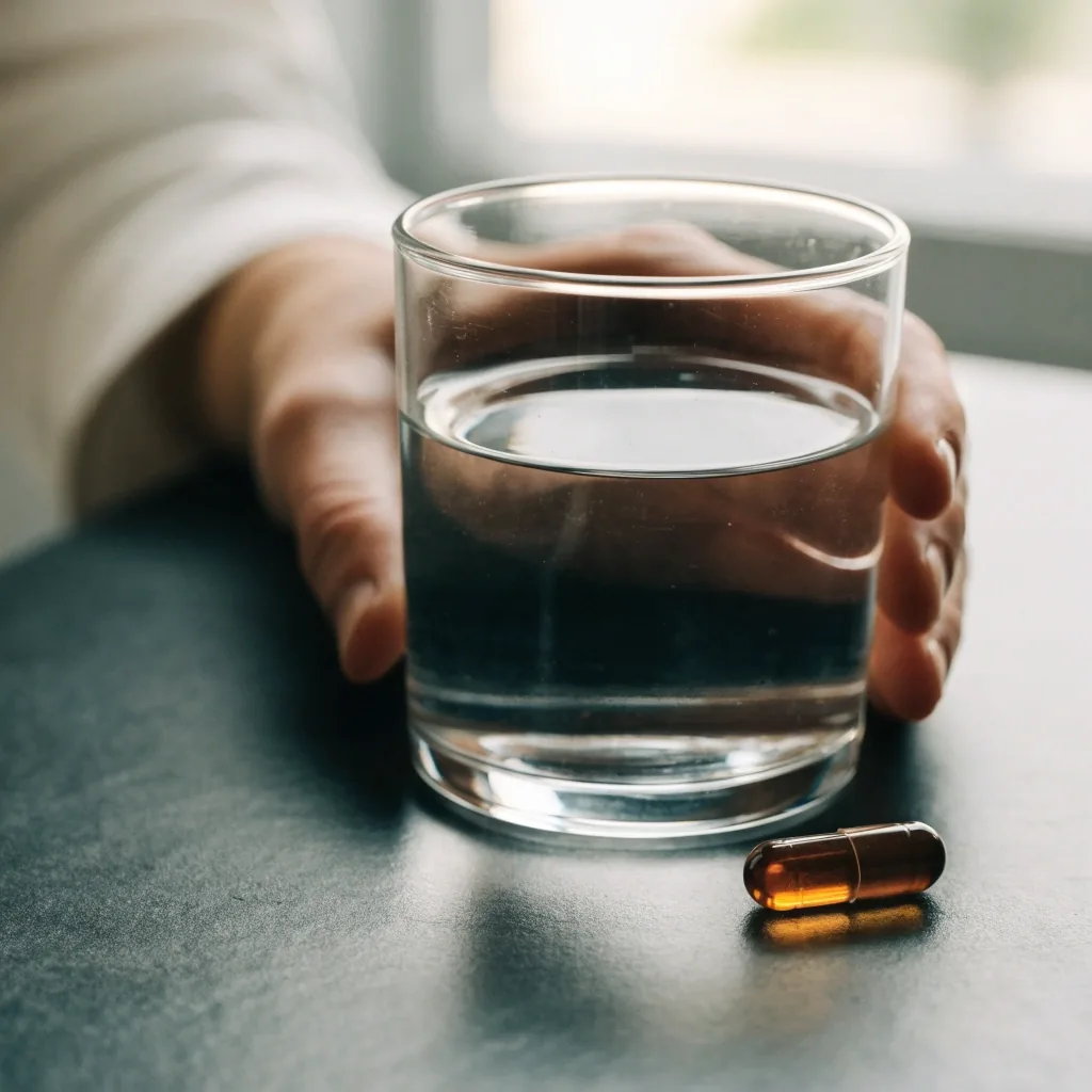 A single amber supplement capsule photographed on a deep emerald matte ground under cool studio light