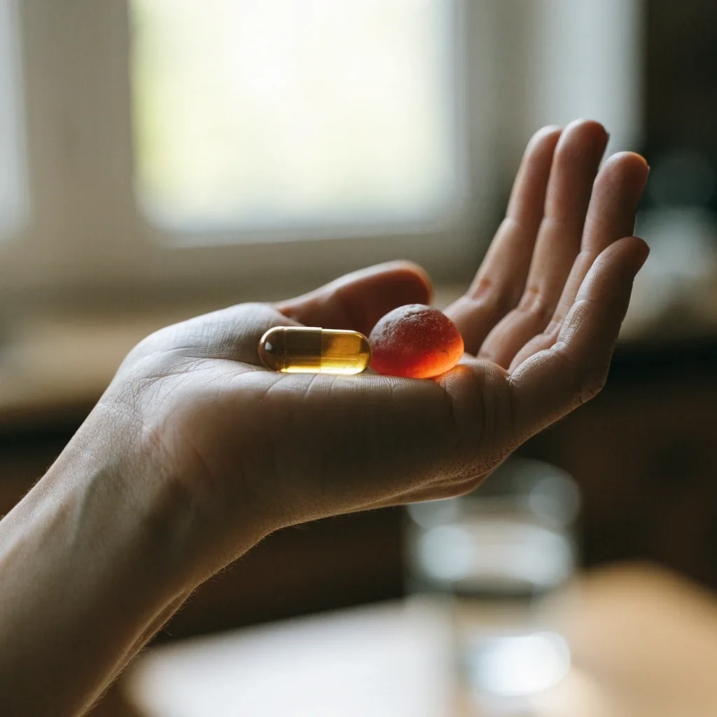 A single capsule and a single gummy on two paper squares under cool light