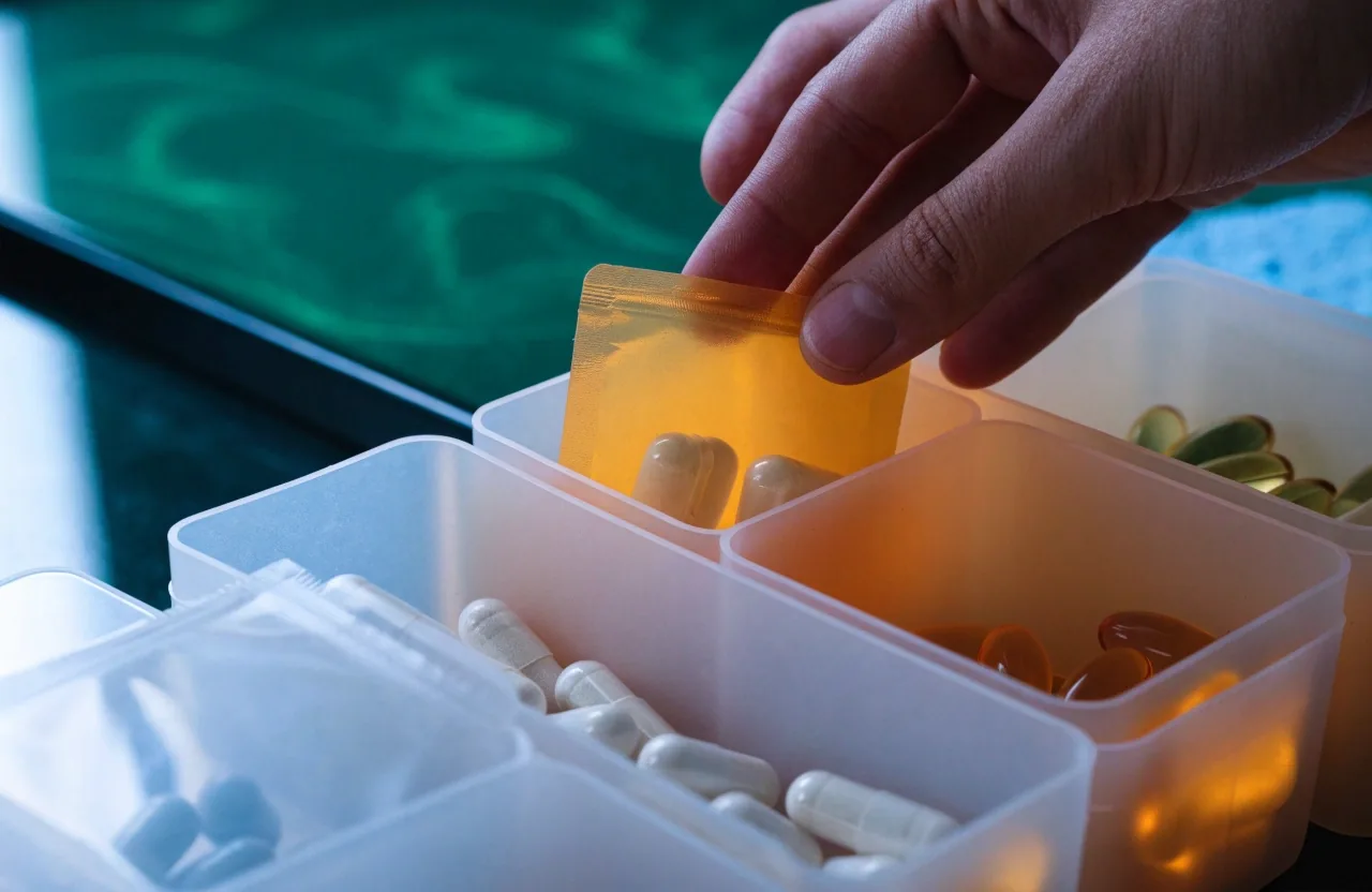 A multi-part daily supplement pack with capsules, softgels, and tablets arranged on a deep emerald table