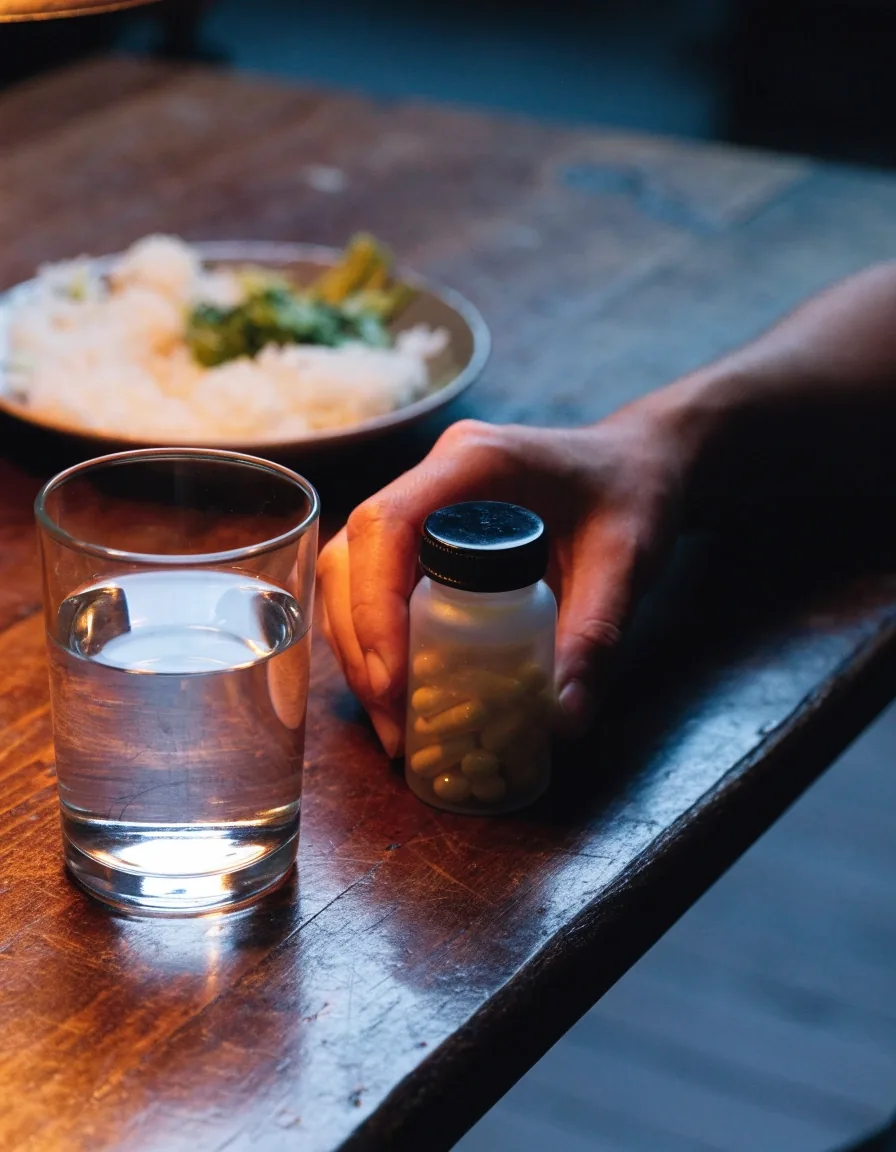 A working desk at the end of the day with a glass of water and a supplement bottle in soft cool light