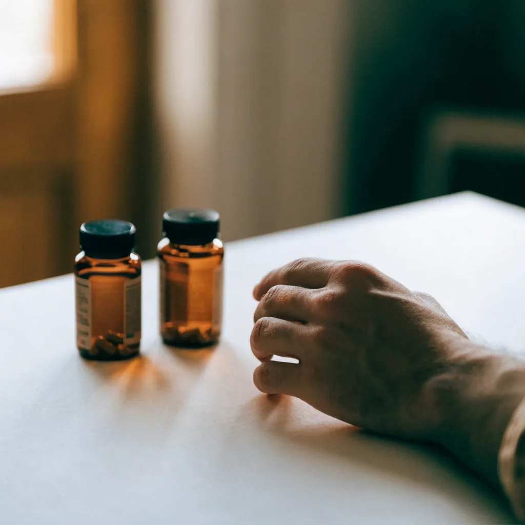 Two plain amber supplement bottles standing on a light paper surface, labels turned away