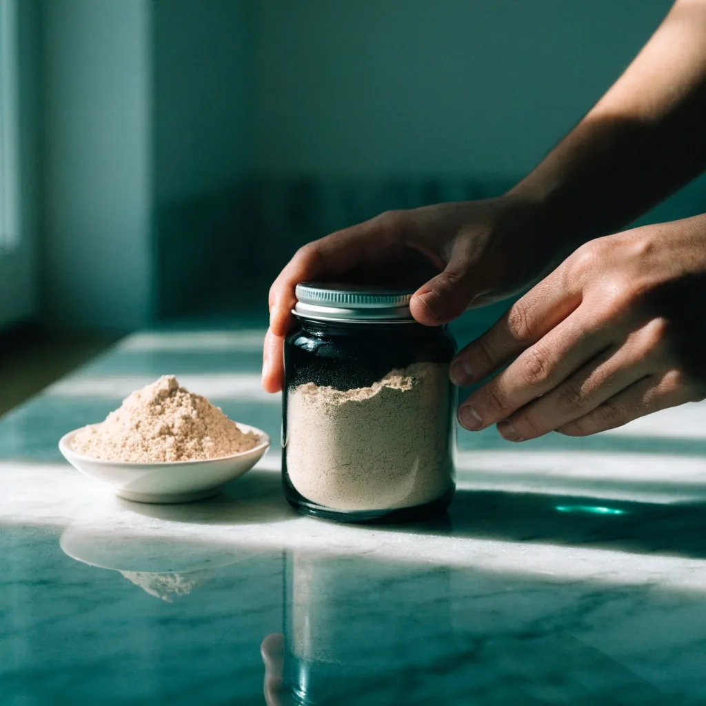 Fine probiotic powder in a dark glass jar under cool light