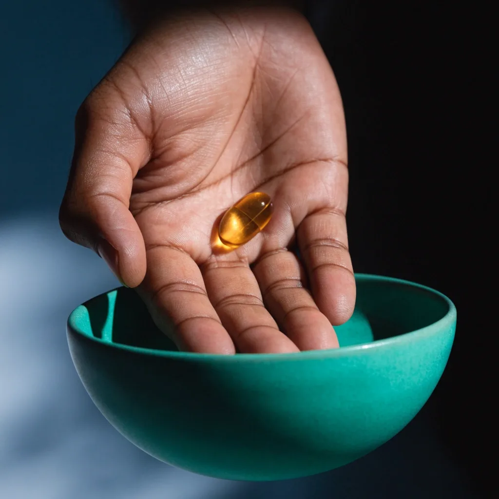 Macro photograph of one daily multivitamin capsule on a matte emerald surface under cool light