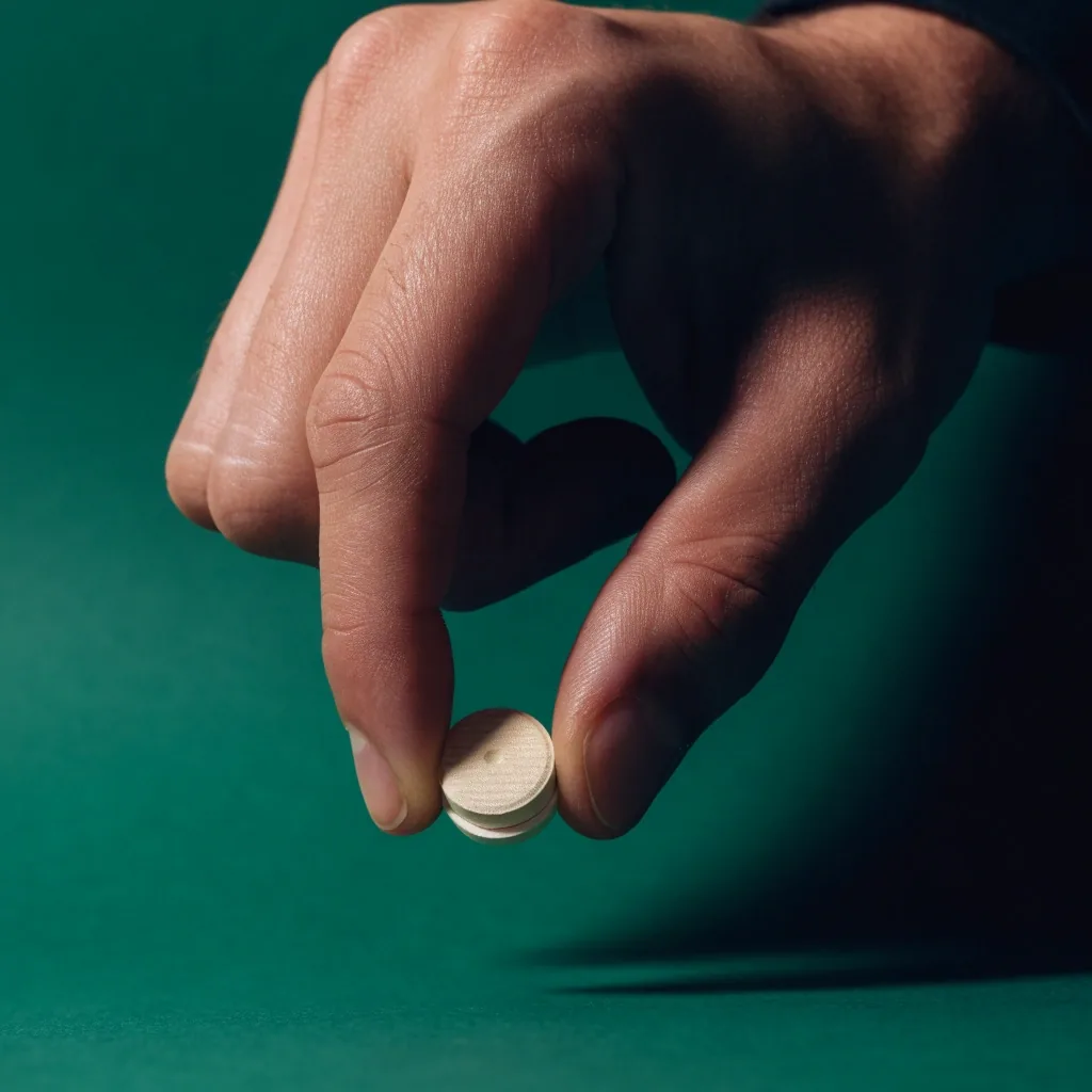 A single men's daily multivitamin tablet photographed on a matte emerald surface under cool studio light