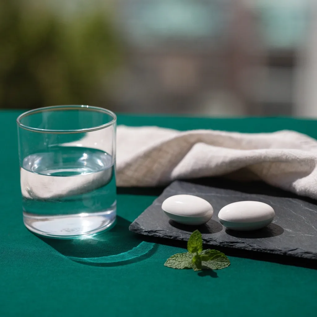 Blank paper cards on an emerald surface under cool screen light, with a glass of water and two unbranded capsules